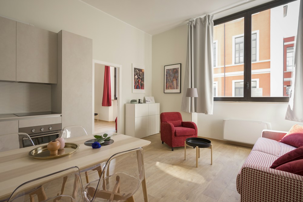 Illustrative apartment with an open kitchen and dining area